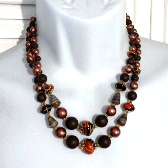Unbranded Jewelry - Japan Branded 2 Strand Gold Tone, Brown & Copper Beads 17.5" Necklace